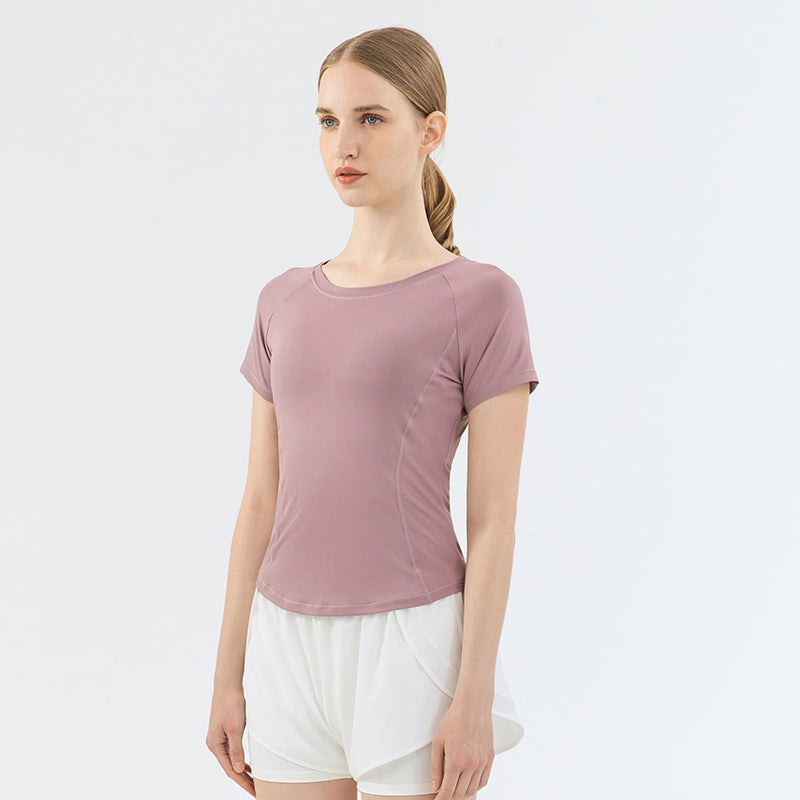 Mesh Stitching Yoga Short-sleeved Sports T-shirt Women's Round Neck Top