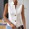 Women's Elegant Solid Color Stand Collar Sleeveless Vest - Ribbed & Button Detail Summer Casual Outerwear