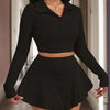 Women's Solid Color Lapel Crop Top & Asymmetrical Ruffle Skirt Set - Spring&Fall Vacation Outfit
