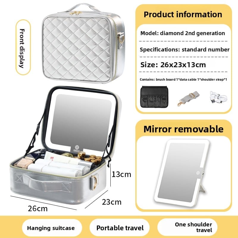 The makeup bag comes with a mirror and a lamp