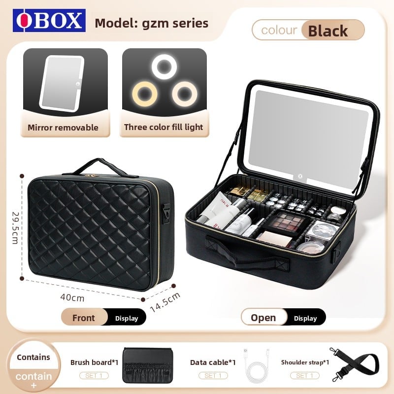 The makeup bag comes with a mirror and a lamp