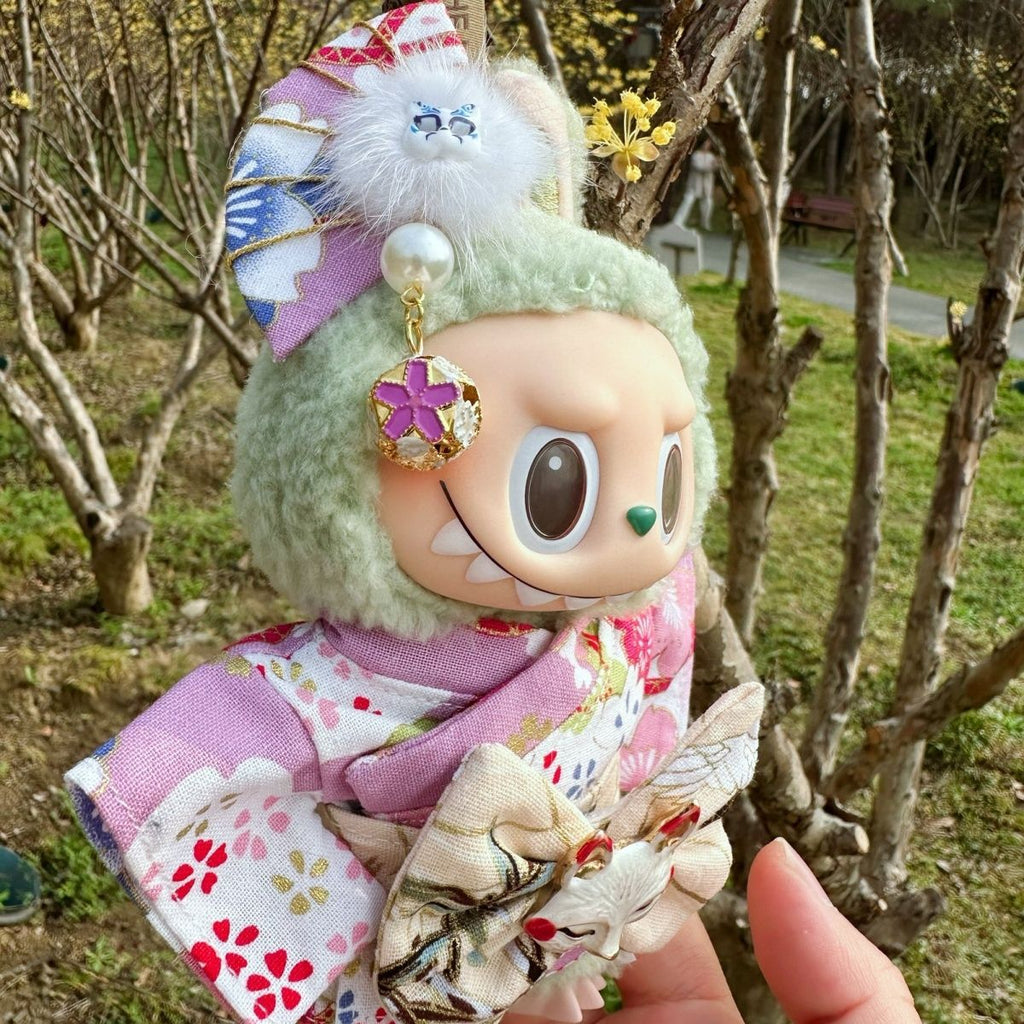 17cm Labubu Plush Doll with Kimono and Hair Accessories