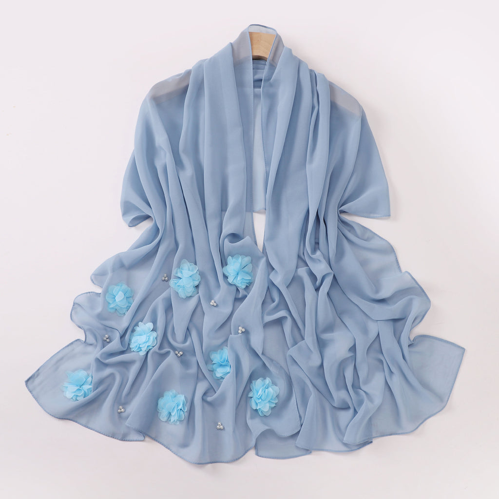 Pearl Chiffon Handmade Sticky Flower Beaded Scarf Hui Gauze