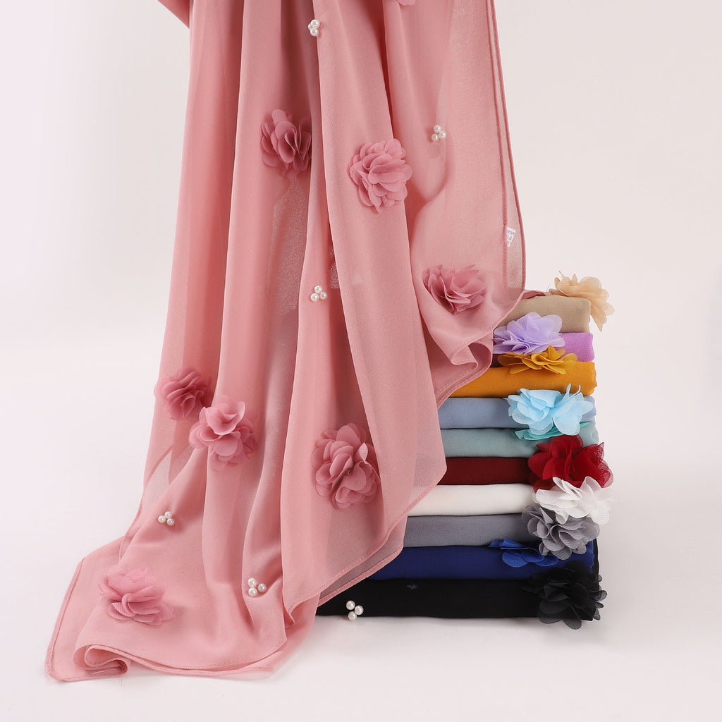 Pearl Chiffon Handmade Sticky Flower Beaded Scarf Hui Gauze