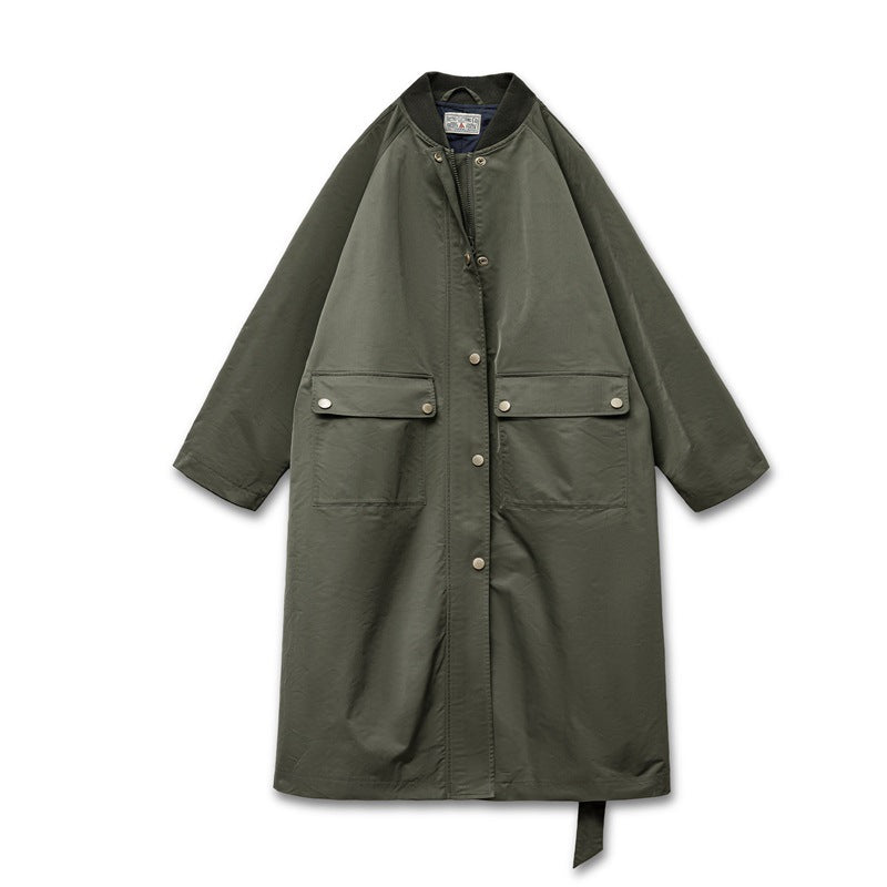 Retro Olive Green Loose Flip Pocket Trench Coat