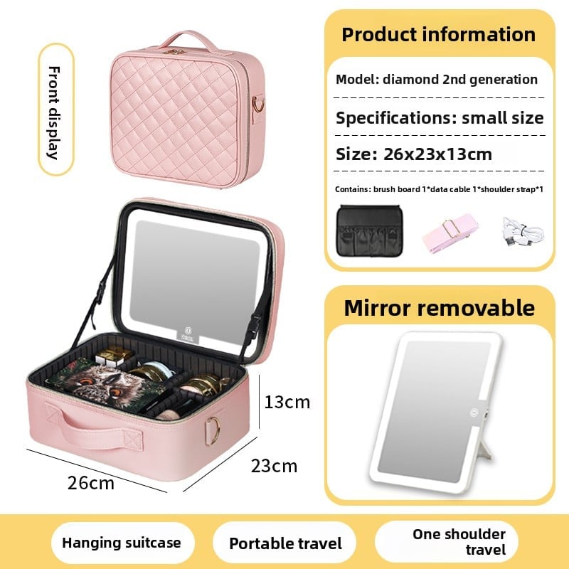 The makeup bag comes with a mirror and a lamp
