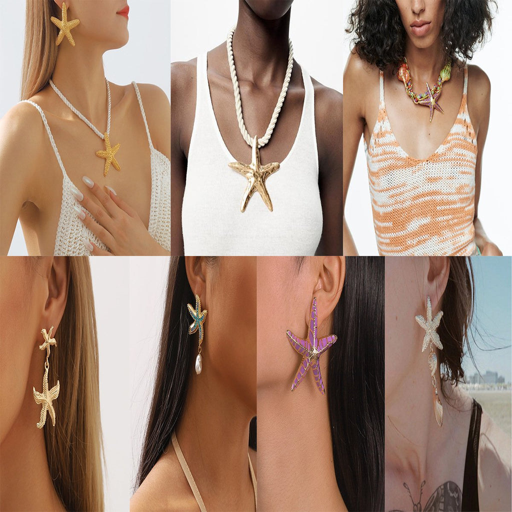 Personalized conch and starfish pendant necklace earrings