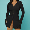Ladies' V-neck Solid Color Button Slit Elegant Ribbed Knit Shirt Top