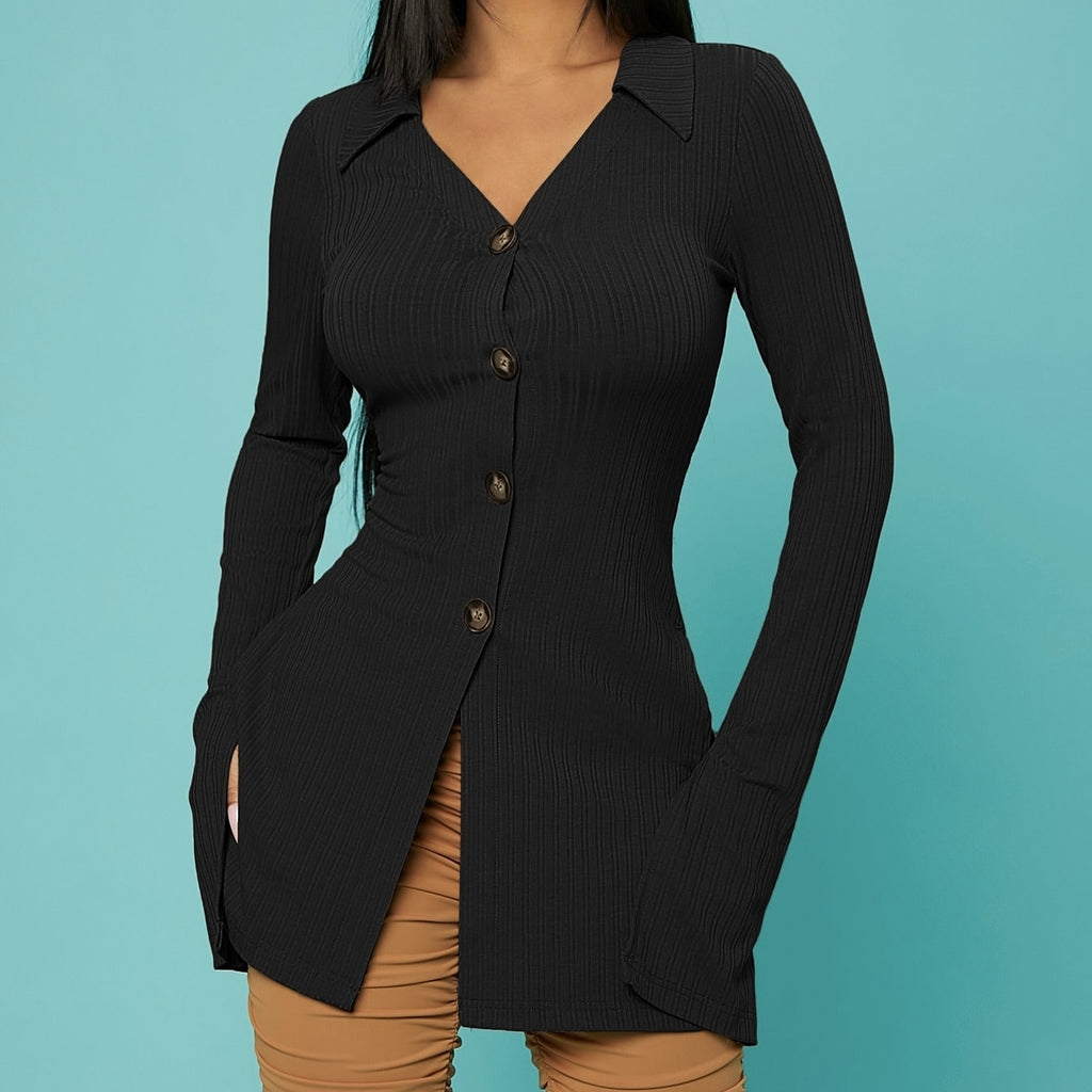 Ladies' V-neck Solid Color Button Slit Elegant Ribbed Knit Shirt Top