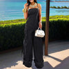 Women's Solid Color Sleeveless Jumpsuit - Wide Leg Romper With Adjustable Hem & 4 Pockets Summer Casual Outfit