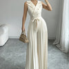 Ladies' V-neck Double Breasted Pleated Wide Leg Belt, Waist Belt, Height Enhancing Vest, Jumpsuit