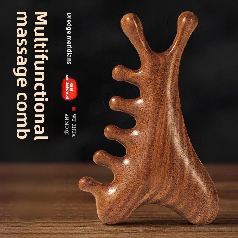 Sandalwood Four-in-One Meridian Massage Comb for Scalp and Acupoint Relief