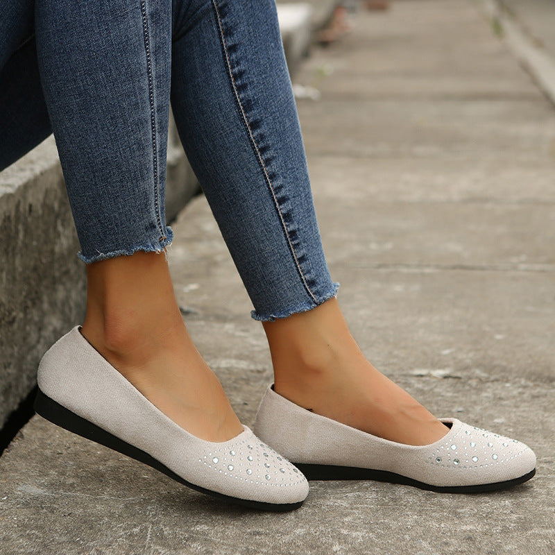European American Style Flat heeled Shoes Low cut Mother's Shoes for Plus size Women Round-toe Rhinestone adorned Single Shoes