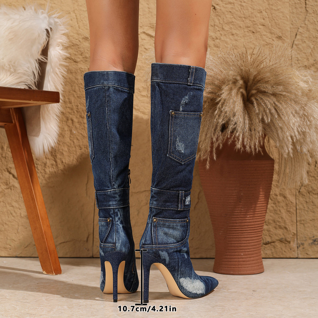 Pointed-toe washed denim high-heeled boots
