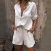 Women's Solid Color Lapel Short Sleeve Shorts Set - Button-Up Casual Two-Piece Outfit With Pocketed Shorts Summer Minimalist Outfit