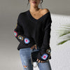 Sweet Commute Style V-neck Jacquard Flowers Regular Sleeve Sweater Pullover