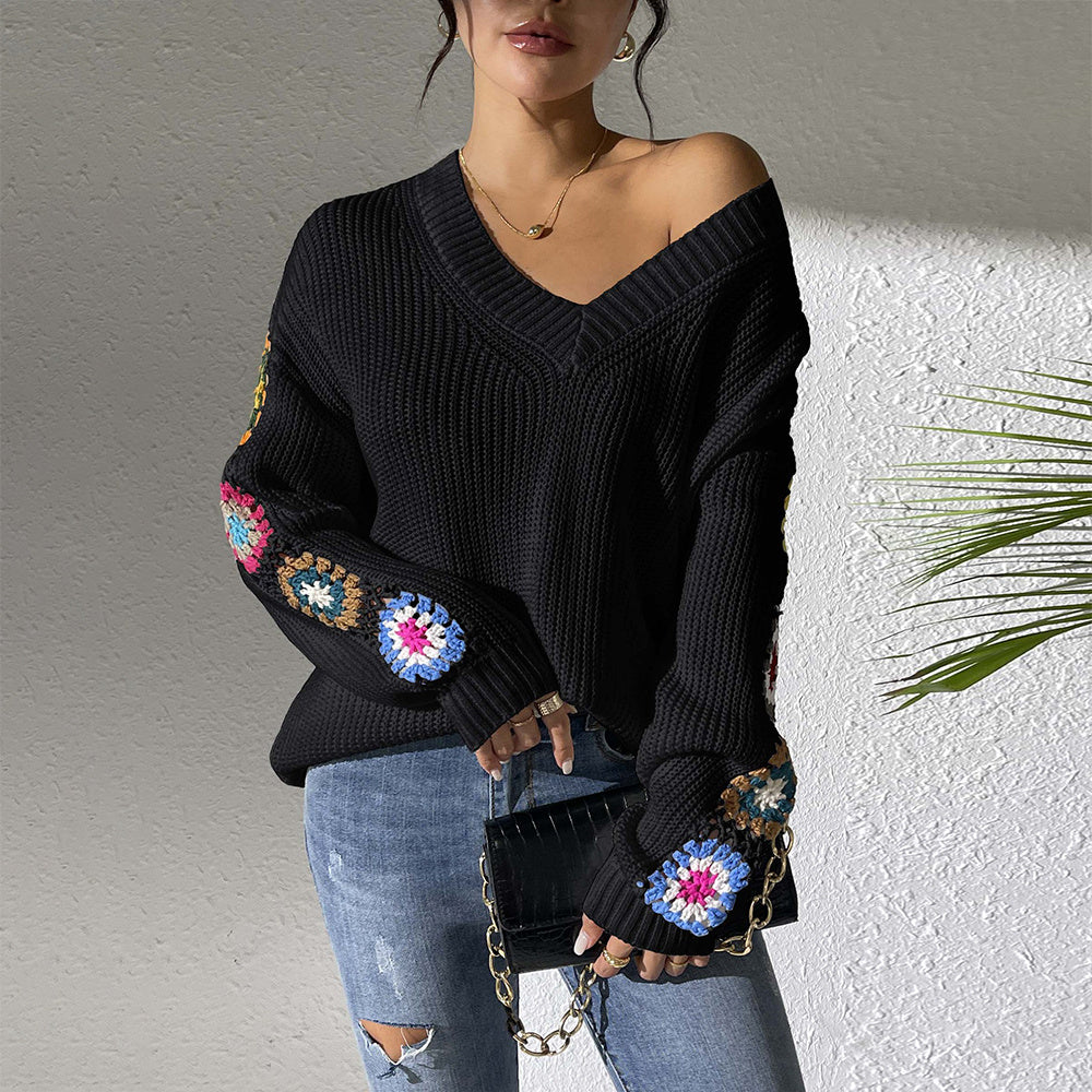 Sweet Commute Style V-neck Jacquard Flowers Regular Sleeve Sweater Pullover