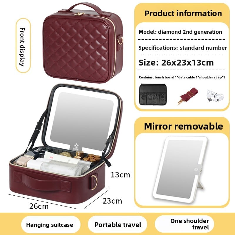 The makeup bag comes with a mirror and a lamp
