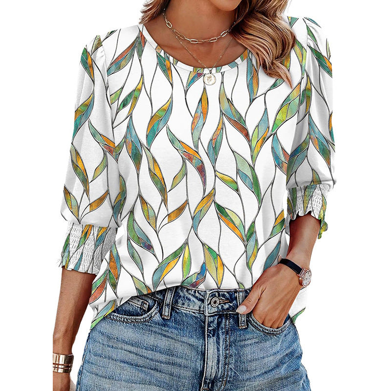 Womens Dressy Casual 3 4 Sleeve Tops Summer Trendy Puff-Sleeve Crew Neck Blouses With Smocked Cuffs