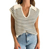 Women's V Neck Cap Sleeve Sweater Vest Sleeveless Collared Striped Knit Tank Tops