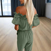 Women's Solid Color Elegant Off-Shoulder Jumpsuit With Ruffle Sleeves & Tie-Waist Summer Casual Romper
