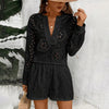 Women's Solid Color Elegant V-Neck Lace Long Sleeve Blouse & Shorts Set - Summer Casual Minimalist Outfit