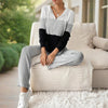 Women's Contracted Design Color-Block Hooded Sweatsuit Set - Long Sleeve Zip-Up Hoodie With Wide-Leg Lounge Pants