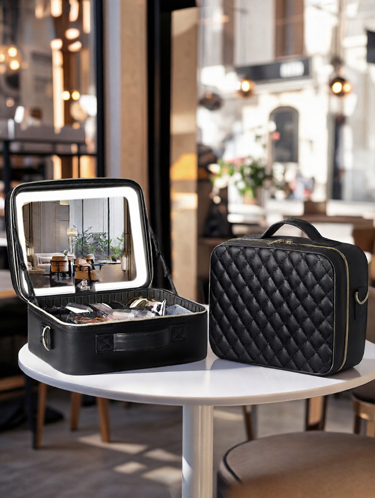 The makeup bag comes with a mirror and a lamp