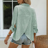 Women's V-Neck Striped Short Sleeve Blouse With Ruffled Cuff Tie & Back Slit Design Fashionable Spring&Summer Top