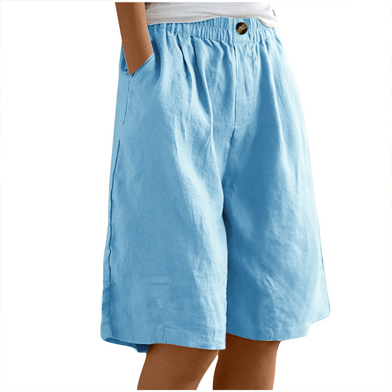 Women's Casual High Waist Loose Fit Solid Color Shorts - Button & Elastic Waist With Pockets, Comfortable Summer Shorts
