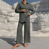 Women's Solid Color Lapel Long Sleeve Pants Set - Button-Up Casual Two-Piece Outfit With Drawstring Waist, Spring&Fall Lounge Wear