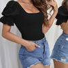 Women's Versatile Solid Color Square Neck Bubble Sleeve Short Sleeved T-shirt Style Fabric With Pleated Details Jumpsuit Top
