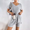 Womens 2 Piece Lounge Sets Summer Ribbed Knit V Neck Short Sleeve Tee And Shorts Sets