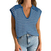 Women's V Neck Cap Sleeve Sweater Vest Sleeveless Collared Striped Knit Tank Tops