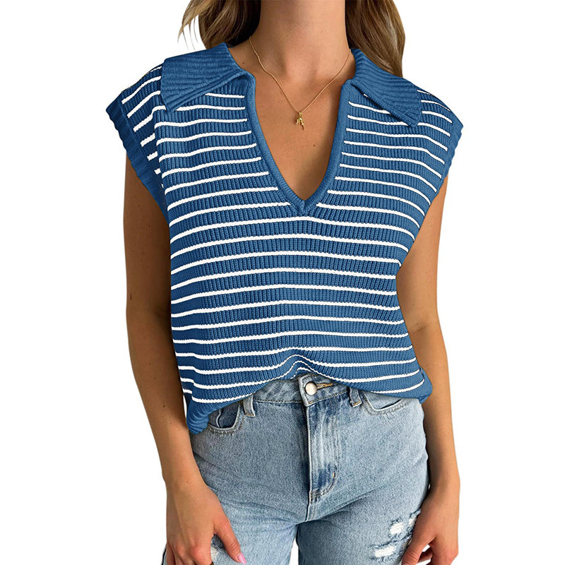 Women's V Neck Cap Sleeve Sweater Vest Sleeveless Collared Striped Knit Tank Tops