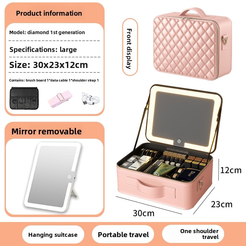 The makeup bag comes with a mirror and a lamp