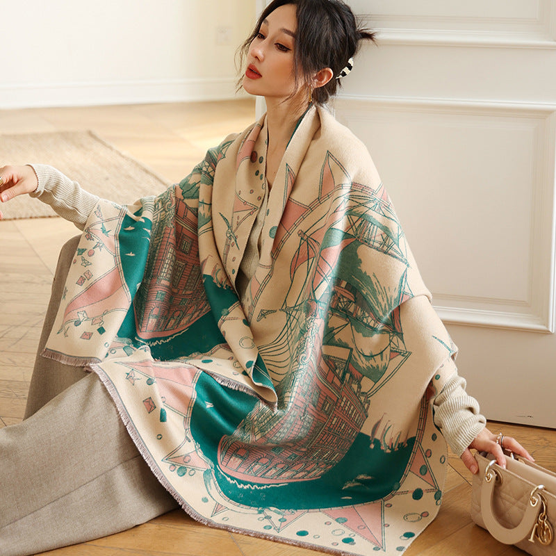 National Style Elegant Cashmere Scarf Double-sided Dual-use Jacquard Shawl