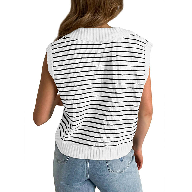 Women's V Neck Cap Sleeve Sweater Vest Sleeveless Collared Striped Knit Tank Tops