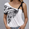 Ladies' Printed Fashion Oblique Shoulder Butterfly Printed Irregular Off Shoulder T-shirt