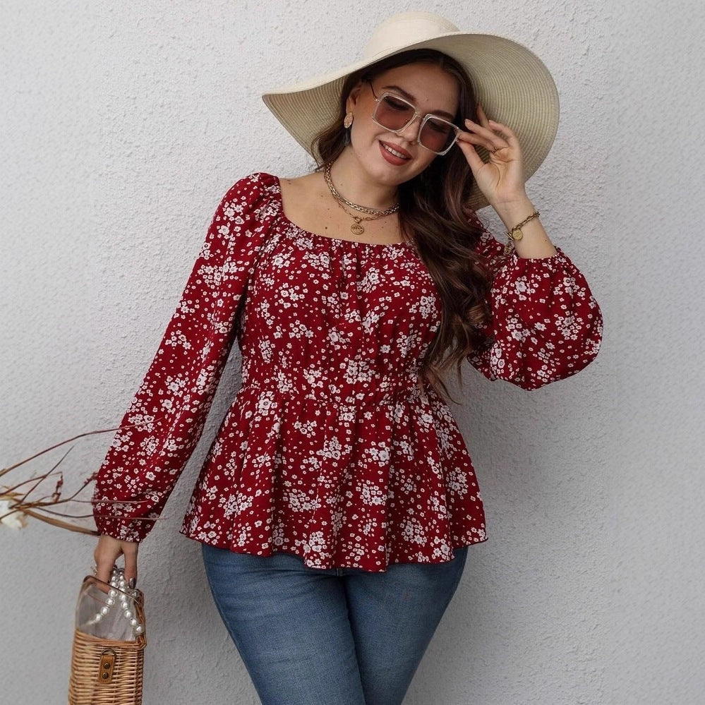Fashion Waist-controlled Square Collar Printed Floral Print Long Sleeve Shirt