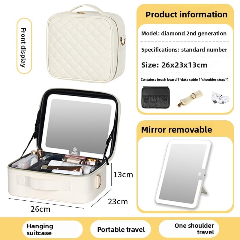 The makeup bag comes with a mirror and a lamp