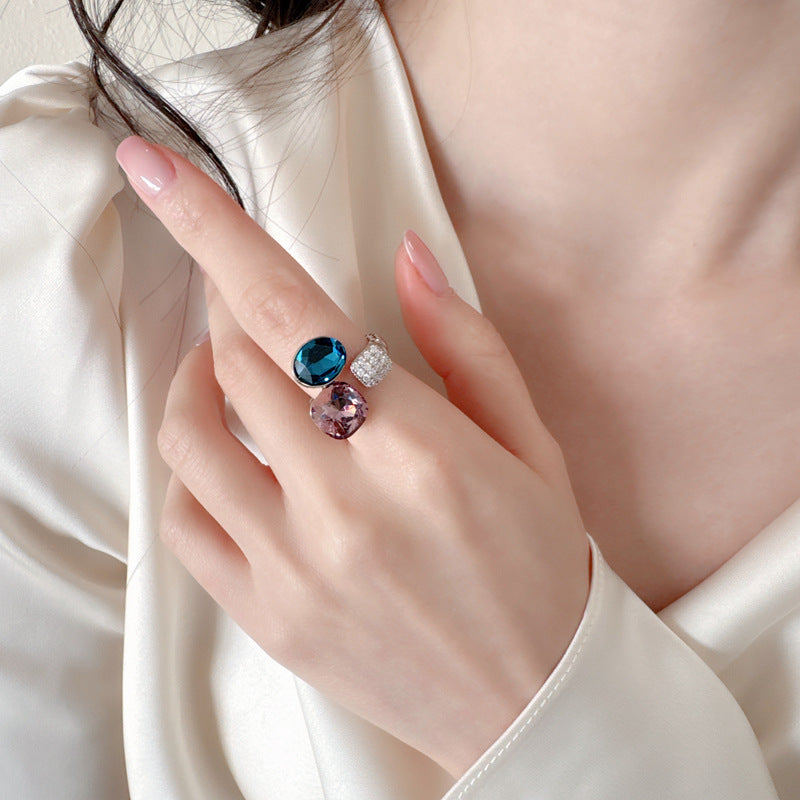 New Adjustable Zircon Crystal Square Circle Opening Ring