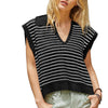 Women's V Neck Cap Sleeve Sweater Vest Sleeveless Collared Striped Knit Tank Tops