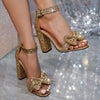 Shiny bow-knotted high-heeled sandals