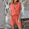 Women's Solid Color Lapel Short Sleeve Shorts Set - Button-Up Casual Two-Piece Outfit With Pocketed Shorts Summer Minimalist Outfit