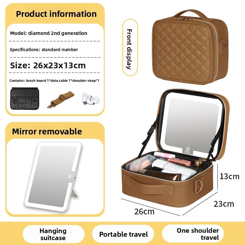 The makeup bag comes with a mirror and a lamp