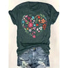Women's Floral Heart Print Short Sleeve T-Shirt Summer Casual Round Neck Blouse