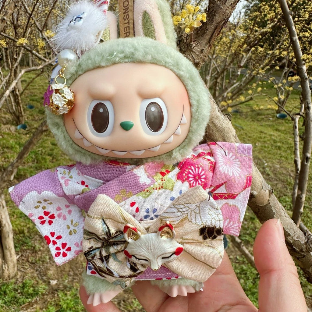 17cm Labubu Plush Doll with Kimono and Hair Accessories