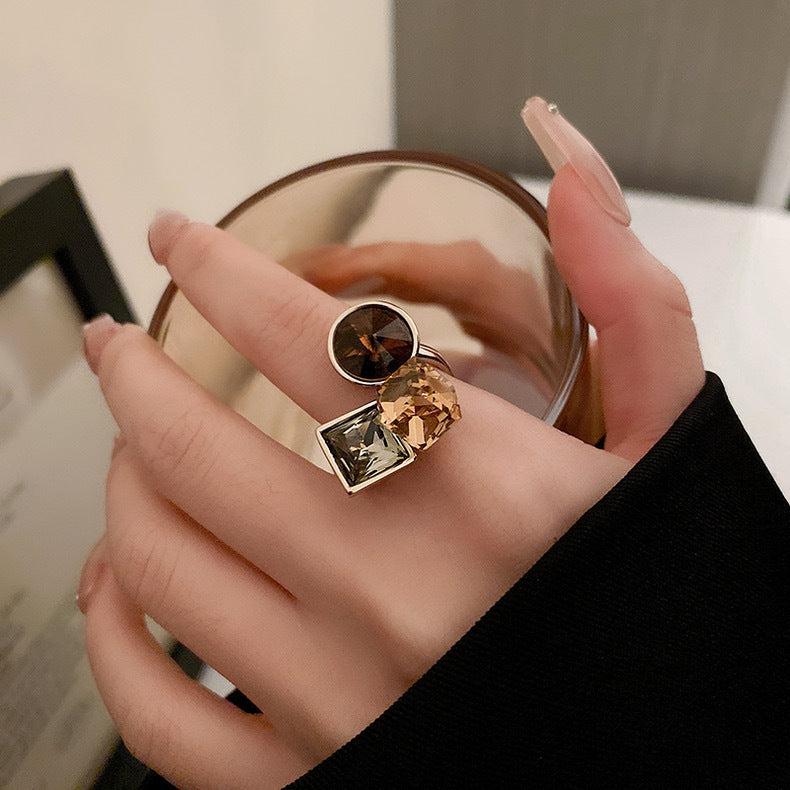Colorful Zircon Geometric Open Ring ? Multi-Layer Oval Statement Design