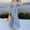Women's Summer Casual Striped Button Down Maxi Dress Tie Waist Short Sleeve Shirt Dress With Pockets